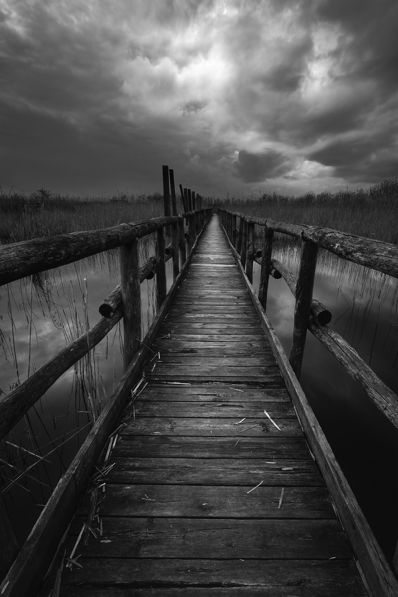 Un lungo pontile in legno che si perde all’orizzonte. Il cielo carico di nuvole aggiunge un senso di profondità e drammaticità, mentre l’acqua calma riflette la luce diffusa.