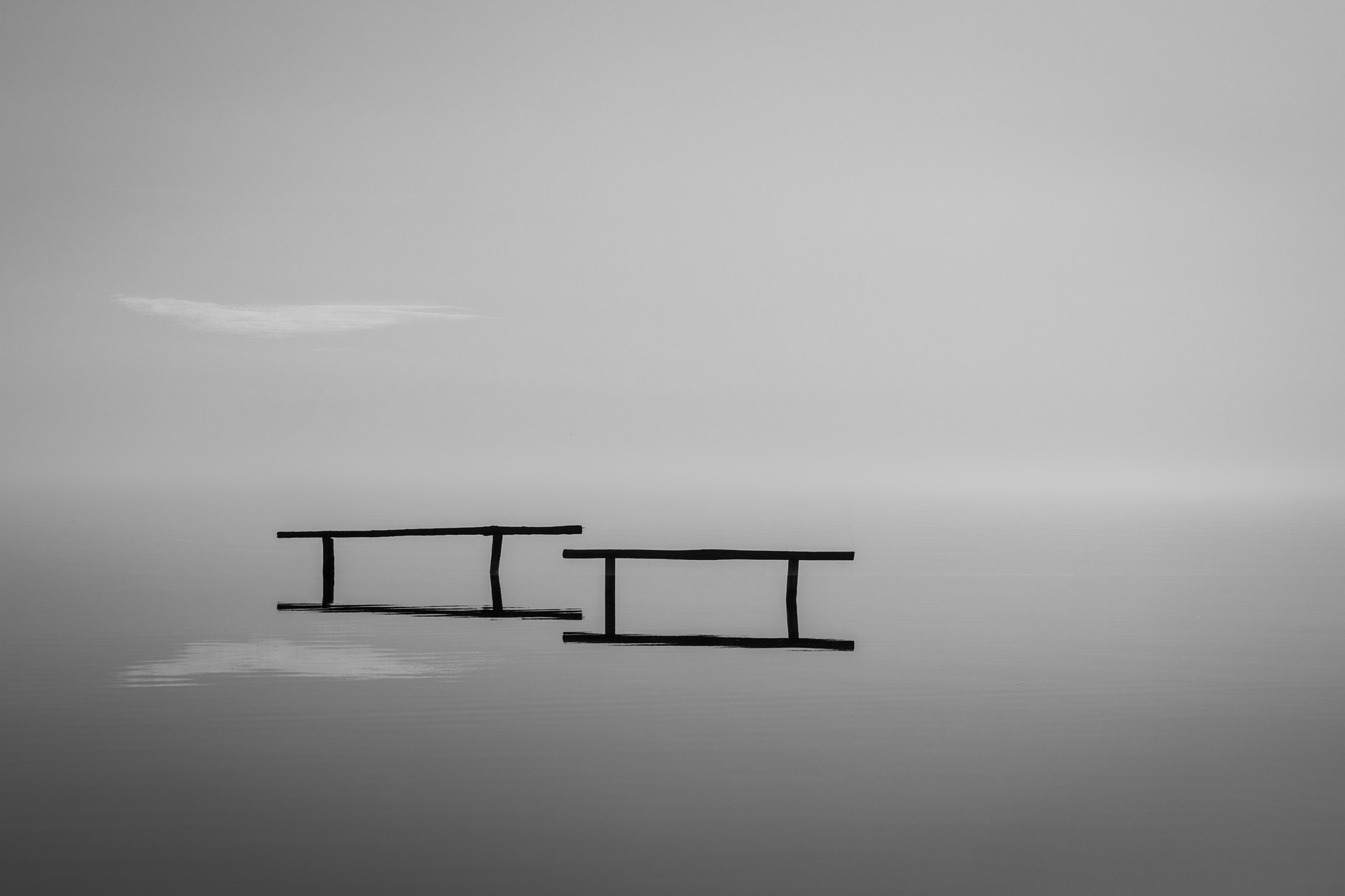 Fotografia minimalista in bianco e nero con due strutture riflesse nell'acqua calma.