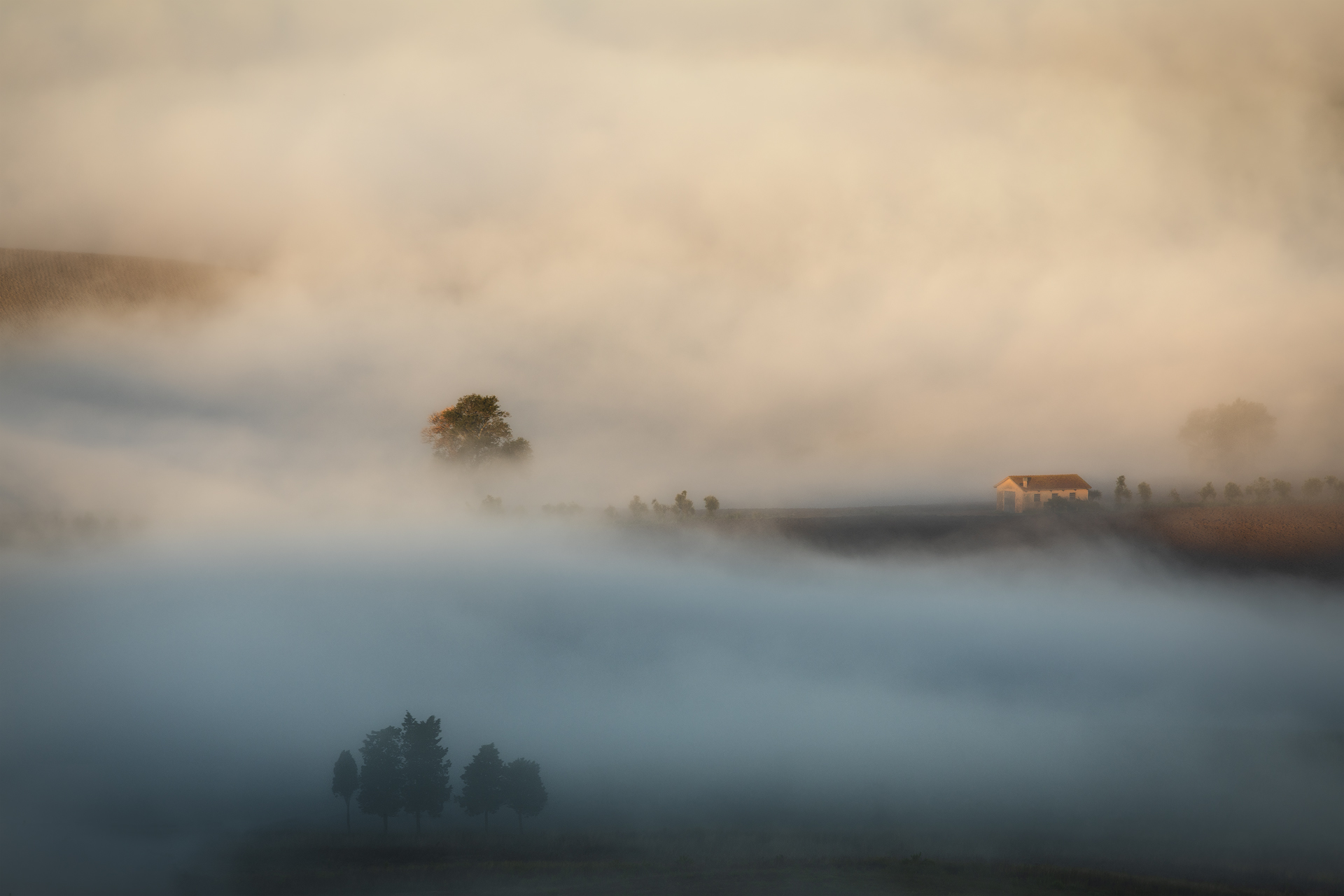 Fotografia al mattino del paesaggio toscano immerso nella nebbia con un casolare e alberi affioranti, scattata dal Santuario Madonna dei Monti a Casciana Terme Lari (PI), con teleobiettivo Canon a 280mm.