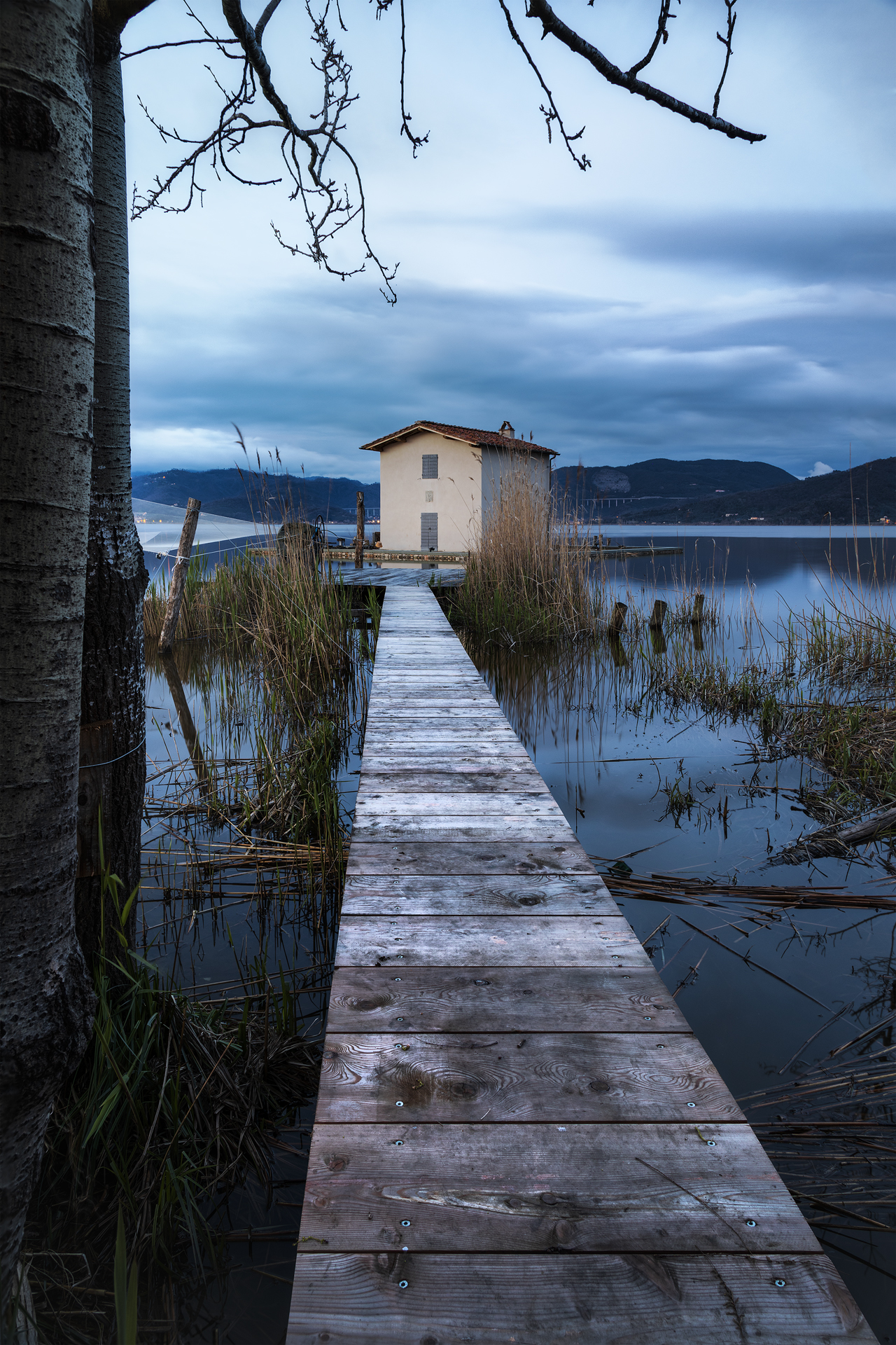 Fotografia paesaggistica al Lago di Massaciuccoli: un pontile in legno conduce a una casetta sull’acqua, incorniciata da canne e rami spogli. Le nuvole si riflettono nello specchio del lago al tramonto, creando un’atmosfera sospesa e silenziosa. Toscana, Italia